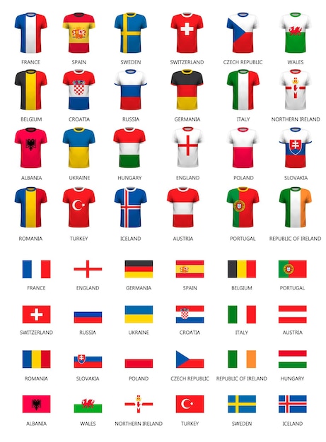 Colección de varias camisetas de fútbol y banderas de países. vector.