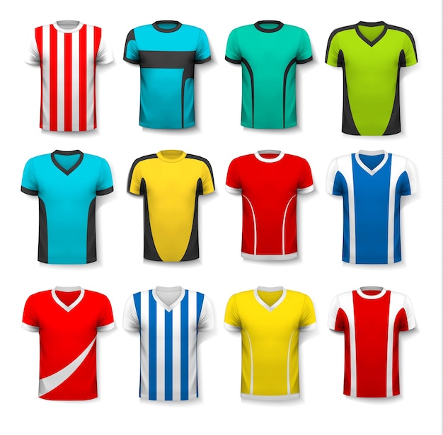 Colección de varias camisetas de fútbol. la camiseta es transparente y se puede utilizar como plantilla con tu propio diseño.