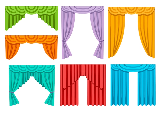 Colección de varias cortinas de colores. decoración de interiores de cortinas de seda de lujo. ilustración sobre fondo blanco