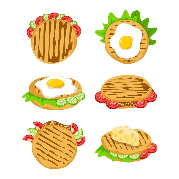 Vector una colección de varias formas de arepas con colores atractivos.