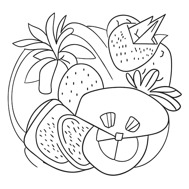 Vector colección de varias frutas para el verano y página de libro para colorear para kdp.