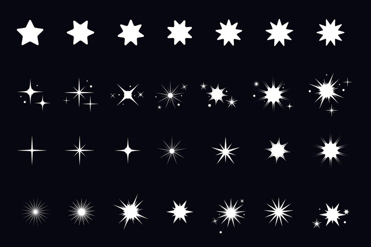 Colección de varias ilustraciones de estrellas blancas y chispas Shiny Star Shapes and Sparkles