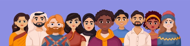 Colección de varias parejas étnicas de mujeres y hombres Conjunto de parejas caucásicas árabes afroamericanas indias asiáticas Personas vestidas con ropa nacional Concepto de igualdad libertad Vector ilustración