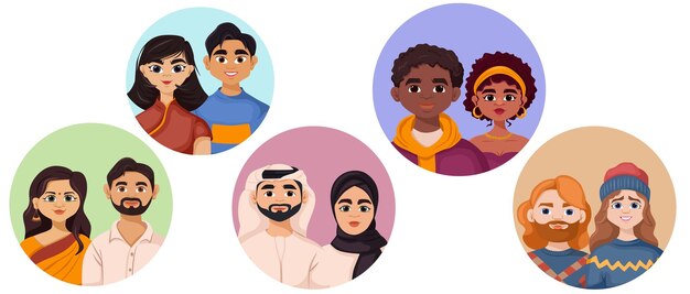 Colección de varias parejas étnicas de mujeres y hombres Conjunto de parejas caucásicas árabes afroamericanas indias asiáticas Personas vestidas con ropa nacional Concepto de igualdad libertad Vector ilustración