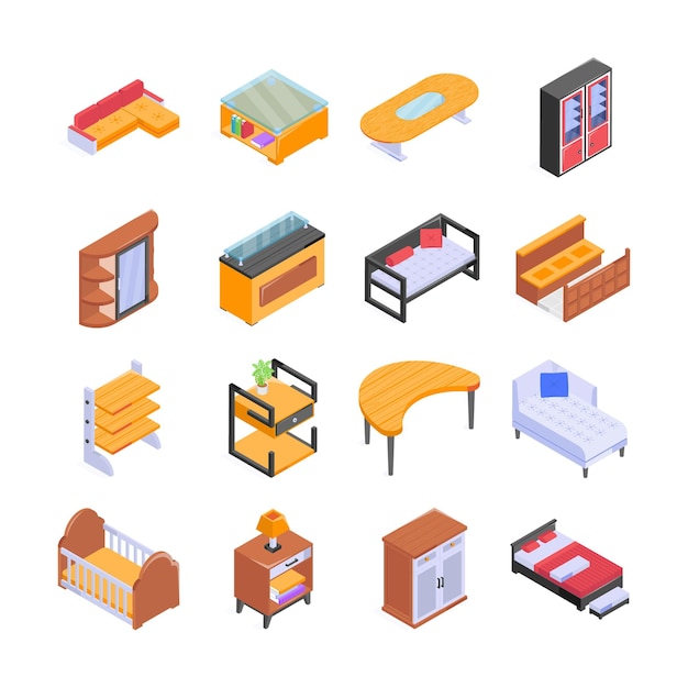 Una colección de varias piezas de muebles modernos, incluidos sofás, mesas, camas, tocadores y más.