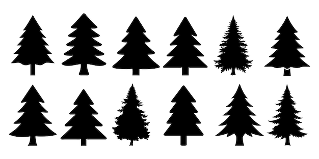 colección de varias siluetas de árboles de Navidad en negro