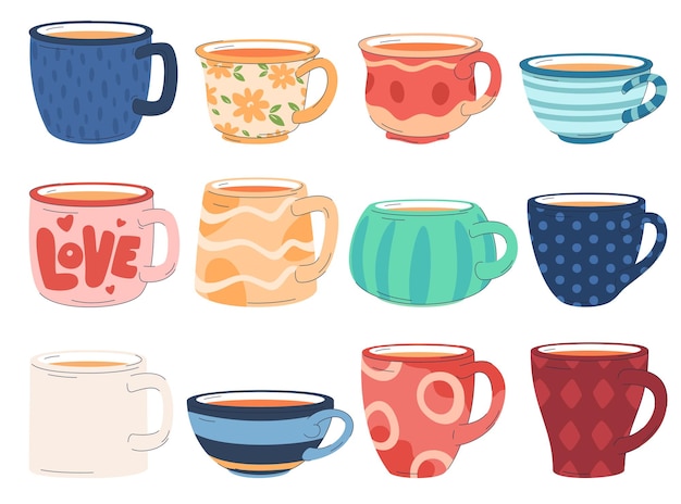 Una colección de varias tazas modernas decoradas con elementos de diseño Conjunto de tazas de colores