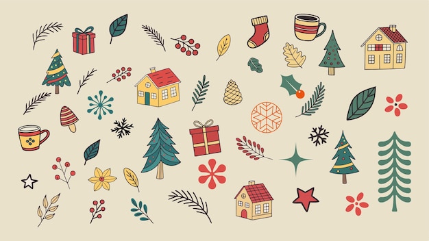 Una colección de una variedad de lúdicos y vibrantes iconos vectoriales de Navidad dibujados a mano