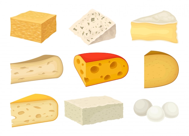 Colección de variedades de queso sobre un fondo blanco.