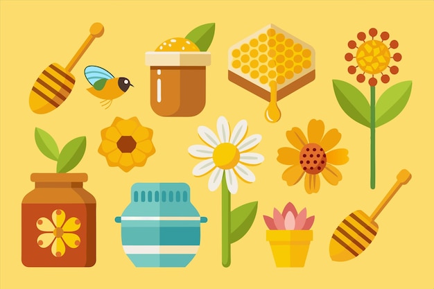 una colección de varios artículos, incluida una jarra de flores de miel y una jarra de miel