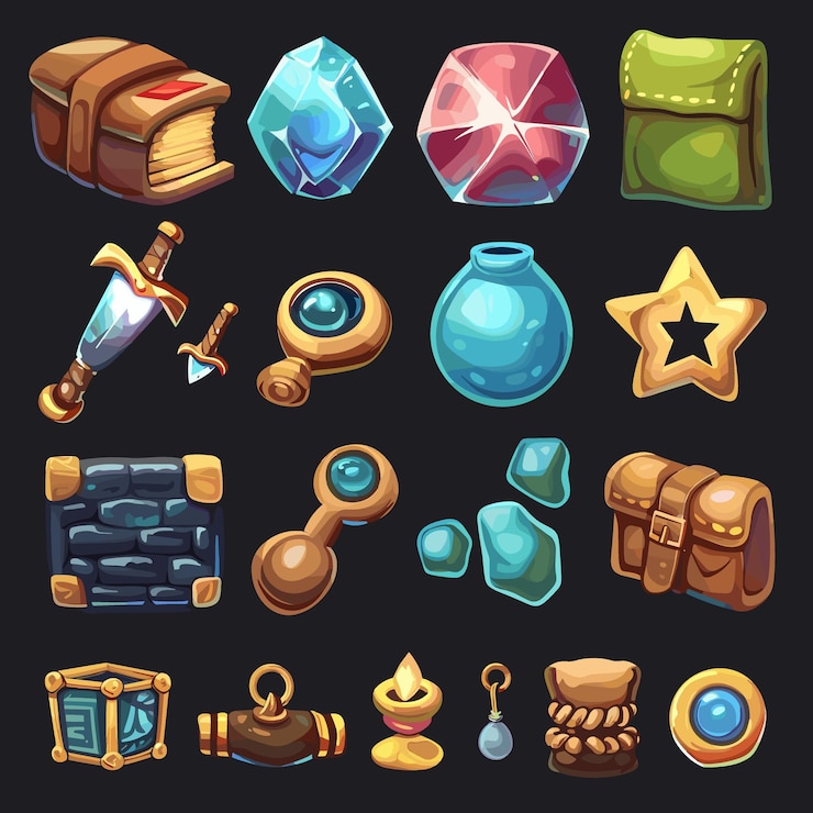Vector una colección de varios artículos incluyendo un libro un cuchillo un jarrón y una estrella