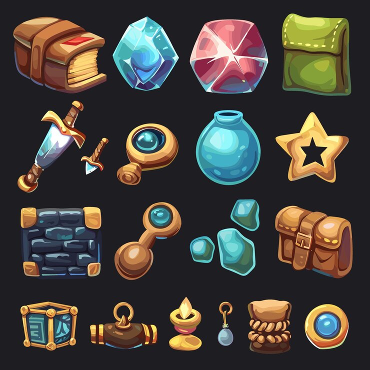 Vector una colección de varios artículos incluyendo un libro un cuchillo un jarrón y una estrella