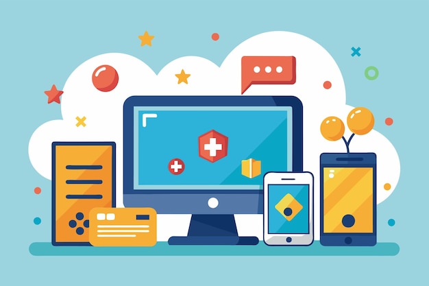 Una colección de varios dispositivos electrónicos como un monitor de computadora, teléfono y tabletas mostrados juntos Instale juegos en computadoras y tabletas Ilustración vectorial plana simple y minimalista