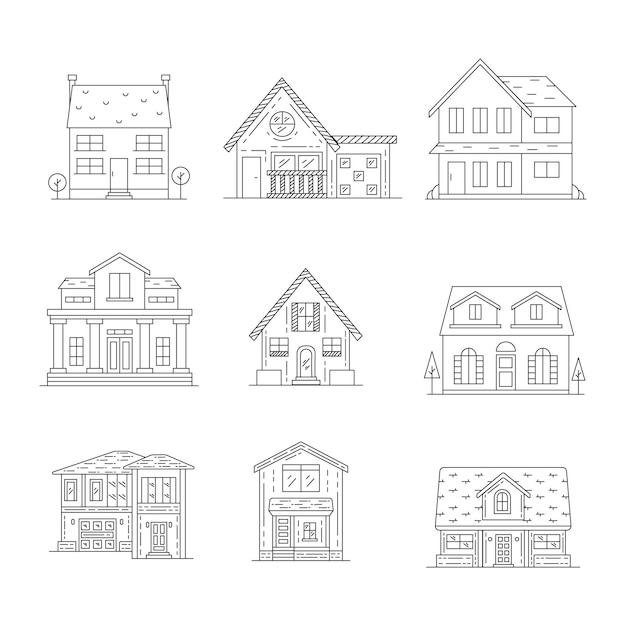 Colección de varios estilos de casas en el arte de la línea