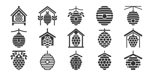 Colección de varios iconos de colmenas de abejas