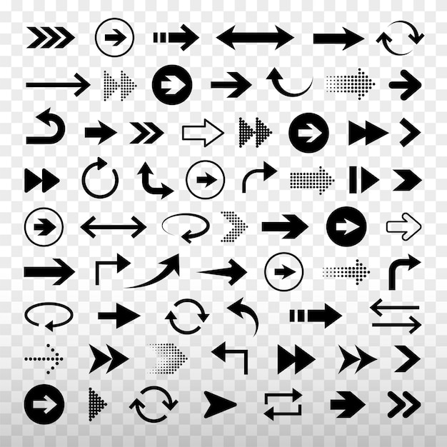 Colección de varios iconos de flecha negra Incluye flechas rectas curvas y circulares Perfecto para navegación y proyectos de diseño Conjunto de vectores de elementos