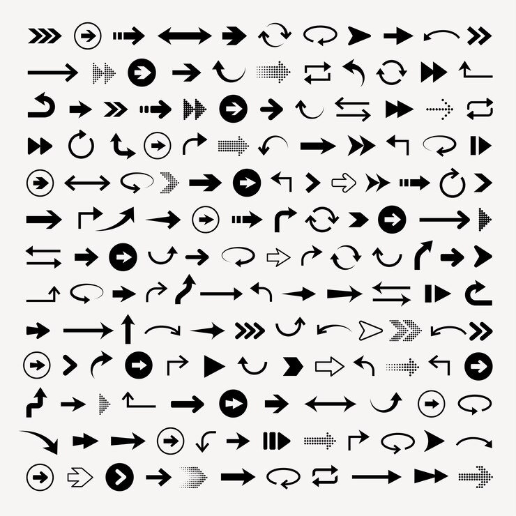 Vector colección de varios iconos de flecha negra sobre un fondo blanco incluye flechas rectas curvas y circulares en diferentes estilos y direcciones conjunto de vectores de elementos