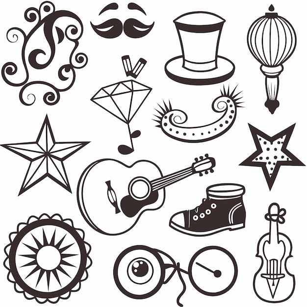 Colección de varios iconos de garabateo en blanco y negro