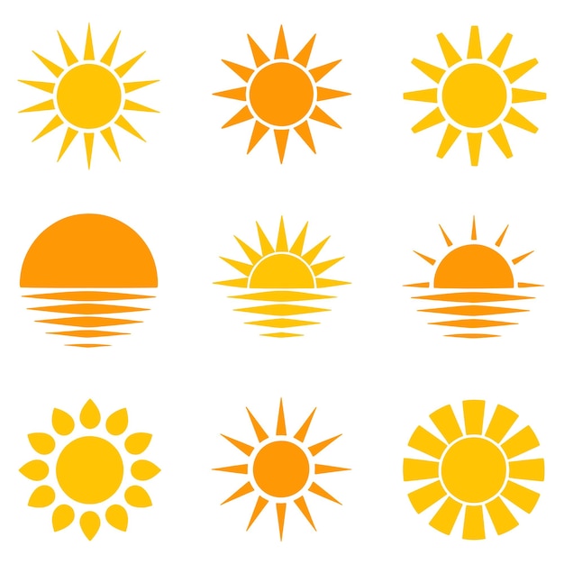 Colección de varios iconos del sol e ilustraciones en amarillo y naranja