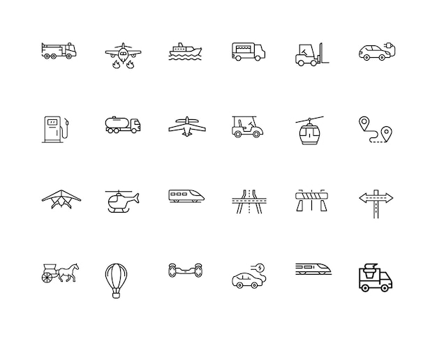 Colección de varios modos de transporte y iconos de vehículos