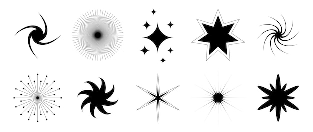 Colección de varios parpadeos y centelleos Conjunto de estrellas bling retro negras Efecto de brillo starburst abstracto