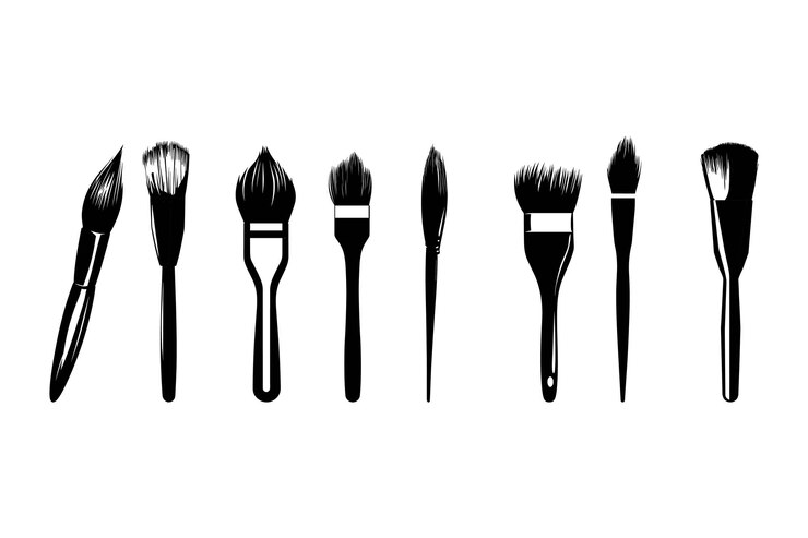 Vector colección de varios pinceles artísticos arreglados cuidadosamente sobre un fondo blanco