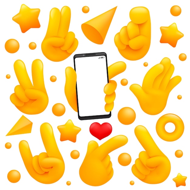 Vector colección de varios símbolos de mano amarilla emoji con smartphone, victoria, señales de adiós y otros gestos. estilo de dibujos animados en 3d.