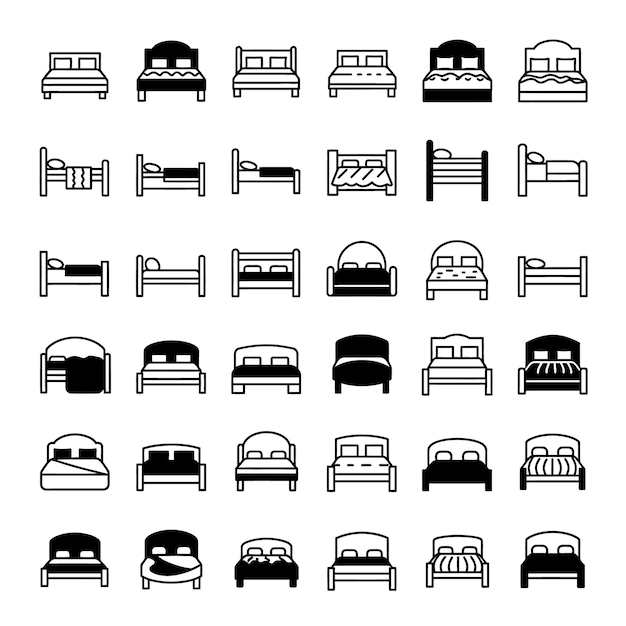 Colección de varios tipos de camas en un estilo de arte de línea limpio, simple y fácilmente reconocible