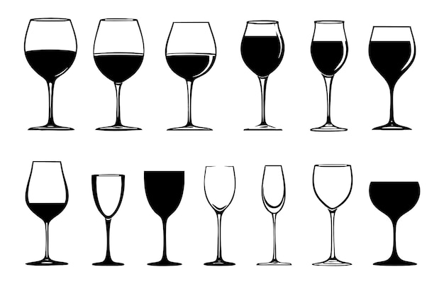 Una colección de varios tipos de vasos de vino y cócteles en estilo silueta adecuados para fines de diseño e ilustración