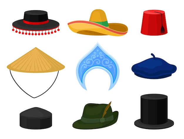 Vector colección de varios tocados nacionales sombrero mexicano sombrero tirolés gorra fez boina francesa kokoshnik ruso tocado tradicional accesorios masculinos y femeninos ilustraciones vectoriales planas aisladas