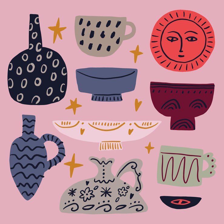 Vector colección de vasijas de cerámica y objetos decorativos dibujados a mano
