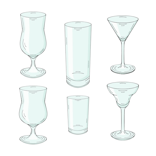 Vector colección de vasos dibujados a mano para cócteles y bebidas. aislado en blanco.