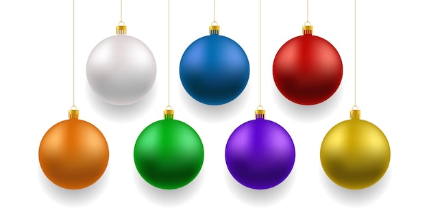 Colección de vector brillante colorido realista colgando bolas de Navidad bola 3d en diferentes colores aislado sobre fondo blanco decoración de Navidad