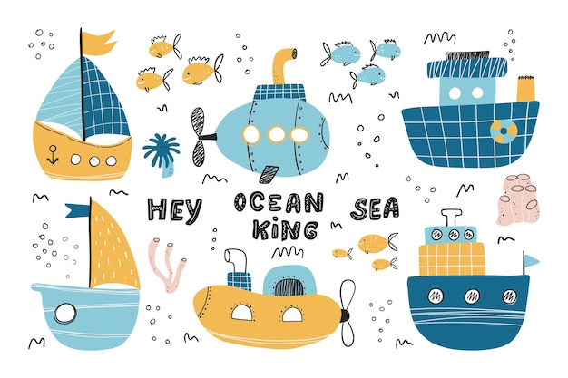 Colección de Vector dibujado a mano con barcos Barco submarino Sketch Sea Diseño infantil Estilo escandinavo
