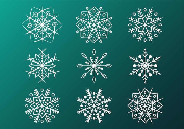 Colección de vector diferentes copos de nieve decorativos blancos dibujados sobre un fondo verde