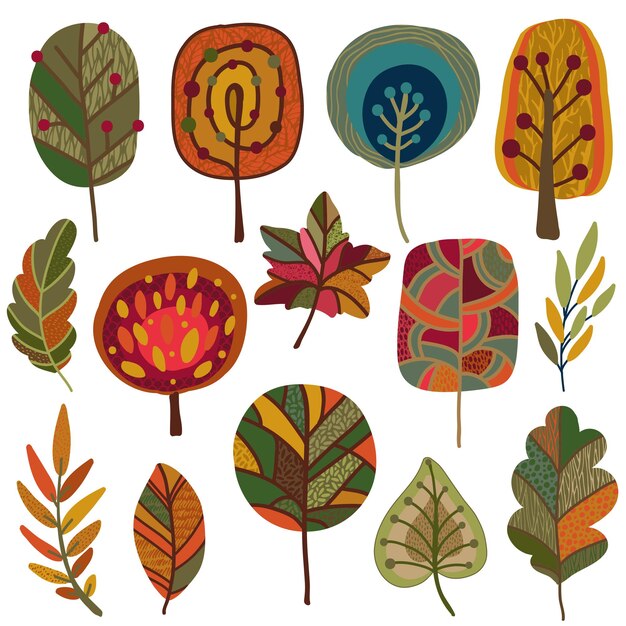 Colección de vector de elementos de la naturaleza otoñal, aislado sobre fondo blanco. Otoño colorido con hermosas hojas y árboles brillantes.