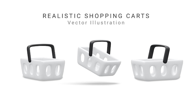 Colección de vectores 3d de maqueta de cesta de compras de plástico azul para diseño de anuncio de venta de promoción digital de viernes negro Ilustración de icono de vista lateral de carrito de tienda de renderizado realista