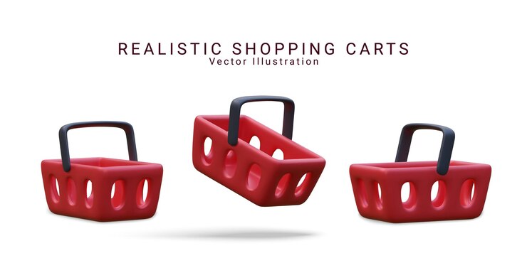 Vector colección de vectores 3d de maqueta de cesta de compras de plástico rojo para diseño de anuncio de venta de promoción digital de viernes negro ilustración de icono de vista lateral de carrito de tienda de renderizado realista