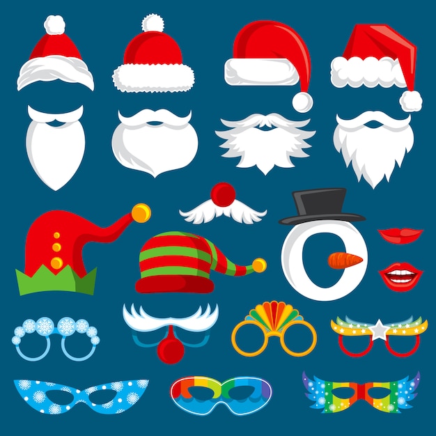 Colección de vectores de accesorios de cabina de foto de vacaciones de Navidad. Conjunto de accesorios de fotografía de Navidad santa fiesta