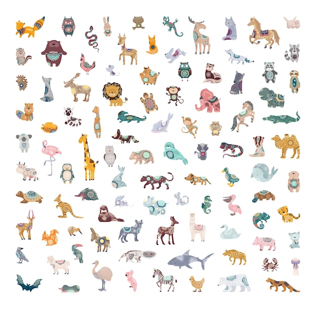 Colección de vectores de animales lindos con patrones abstractos