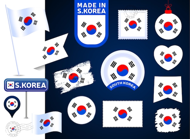 Colección de vectores de bandera de corea del sur. gran conjunto de elementos de diseño de la bandera nacional en diferentes formas para las fiestas públicas y nacionales en estilo plano. Marca postal, hecho en, amor, círculo, señal de tráfico, ola