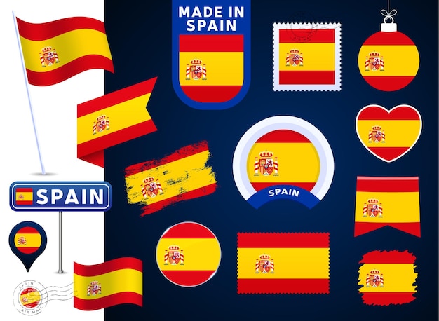 Colección de vectores de la bandera de españa. gran conjunto de elementos de diseño de la bandera nacional en diferentes formas para las fiestas públicas y nacionales en estilo plano. marca postal, hecho en, amor, círculo, señal de tráfico, ola