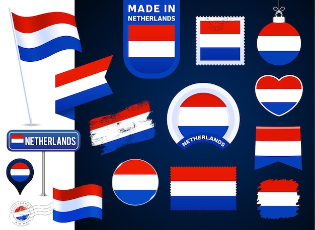 Colección de vectores de bandera de Holanda. gran conjunto de elementos de diseño de la bandera nacional en diferentes formas para las fiestas públicas y nacionales en estilo plano. Marca postal, hecho en, amor, círculo, señal de tráfico, ola
