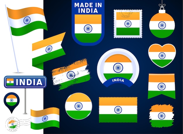 Colección de vectores de la bandera de la india. gran conjunto de elementos de diseño de la bandera nacional en diferentes formas para las fiestas públicas y nacionales en estilo plano. post marca, hecho en, amor, círculo, señal de tráfico, ola