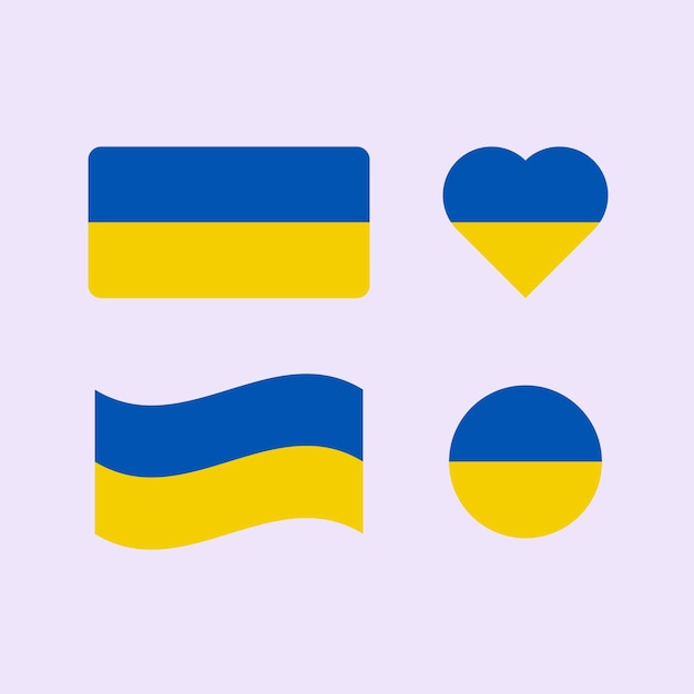 Colección de vectores de bandera de Ucrania vector plano y brillante en diferentes formas círculo de corazón y bandera