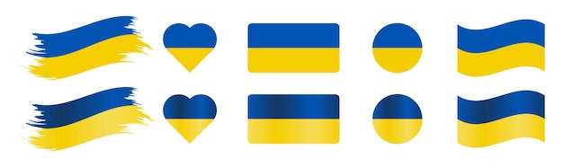 Colección de vectores de bandera de Ucrania vector plano y brillante en diferentes formas círculo de corazón y bandera