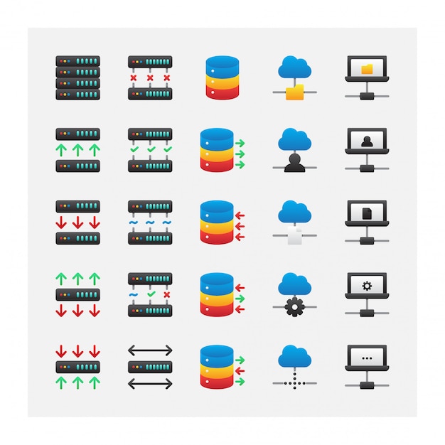 Colección de vectores conjunto de iconos de almacenamiento de servidor inteligente de nube