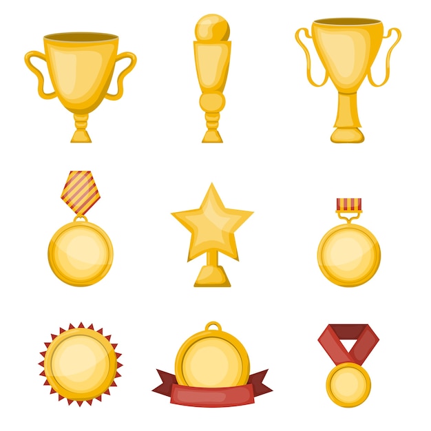 Colección de vectores de copas de trofeo de oro aisladas realistas