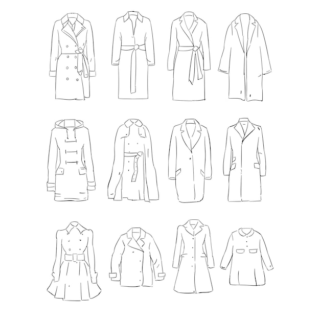 Colección de vectores dibujados a mano diferentes tipos de gabardina de mujer