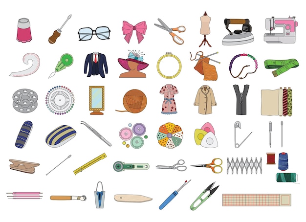 Colección de vectores dibujados a mano de ilustraciones que muestran materiales de tejido de costura en estilo doodle